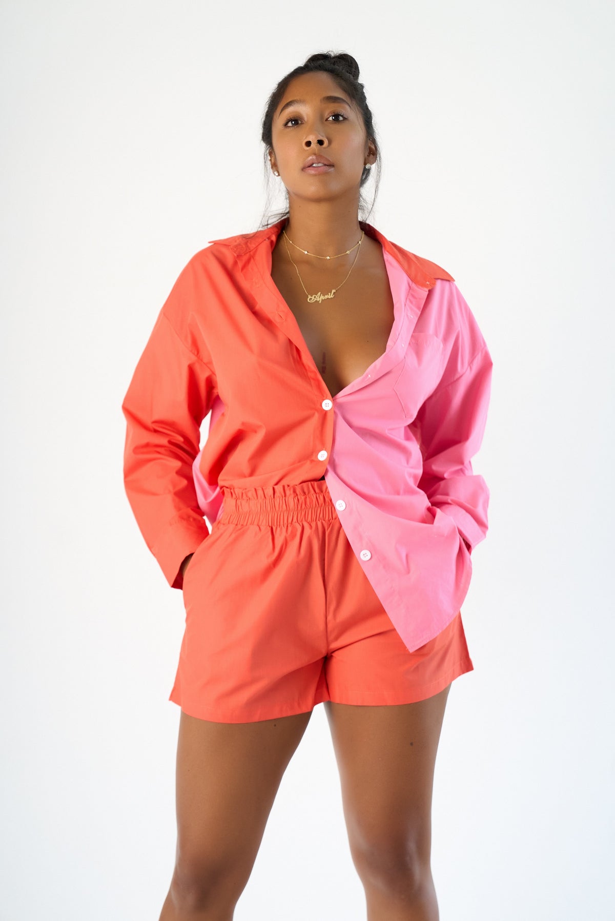 Shop Color block two piece shirt and shorts set